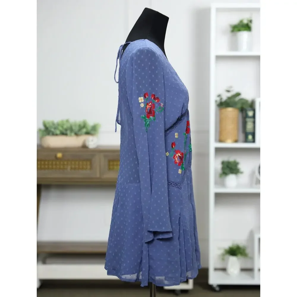 ASOS DESIGN Embroidered Floral Mini Dress 10 Blue Swiss Dot Cottagecore Boho NWT - Picture 10 of 14